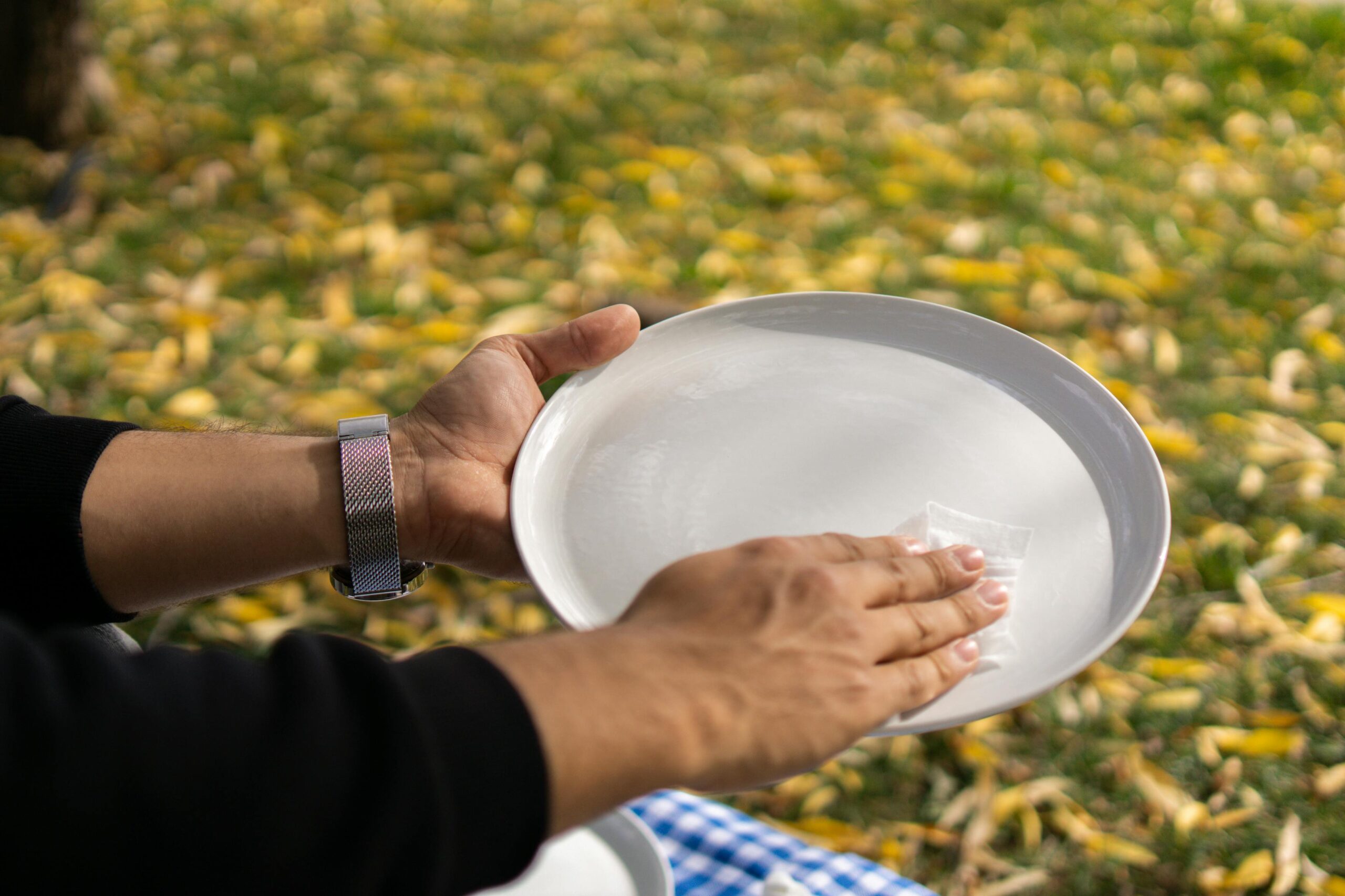 Close-up of a man cleaning a plate outdoors, showcasing picnic preparation on a sunny day.